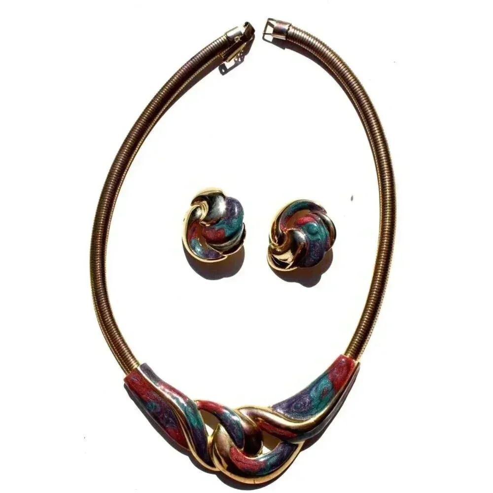 Vintage 1980s Choker Necklace and Clip On Earrings Costume Necklace Jewelry Set